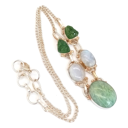 640 - A Vintage Amazonite, Moonstone and Moldavite Stone Set Sterling Silver Necklace 52cm Length. Largest... 
