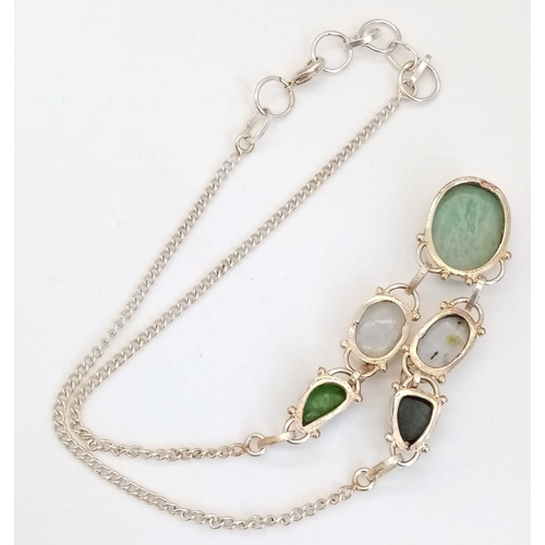 640 - A Vintage Amazonite, Moonstone and Moldavite Stone Set Sterling Silver Necklace 52cm Length. Largest... 