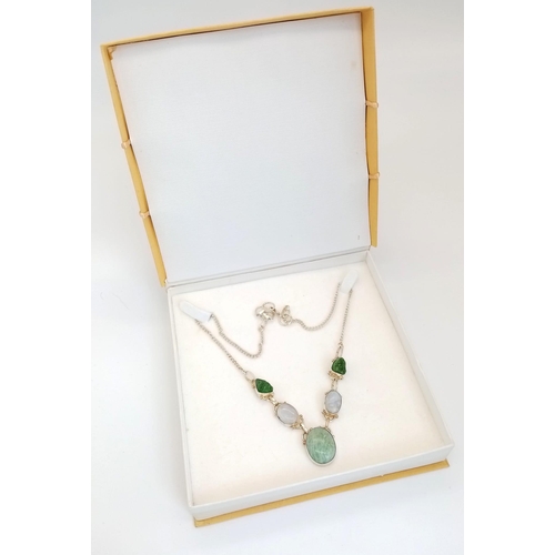 640 - A Vintage Amazonite, Moonstone and Moldavite Stone Set Sterling Silver Necklace 52cm Length. Largest... 