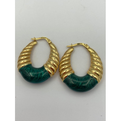 65 - Stunning pair of 9 carat GOLD and MALACHITE EARRINGS.WIDE OVAL hoop shape with attractive GOLD twist... 