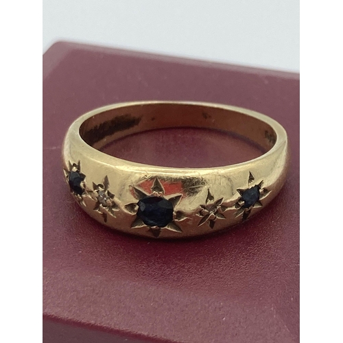 7 - Vintage 9 carat GOLD GYPSY RING Having SAPPHIRES and DIAMONDS set to top.  3.56 grams. Size N.