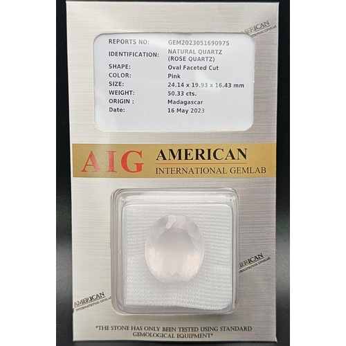 933 - A 50.33ct Madagascan Rose Quartz Oval Gemstone. AGI American Lab Certified. Comes in a sealed contai... 