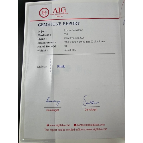 933 - A 50.33ct Madagascan Rose Quartz Oval Gemstone. AGI American Lab Certified. Comes in a sealed contai... 