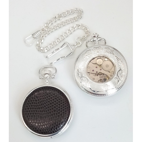 944 - 2 X MANUAL WIND HALF HUNTER POCKET WATCHES HERITAGE COLLECTION ATLAS EDITION 1 WITH SKELETON DIAL AN... 