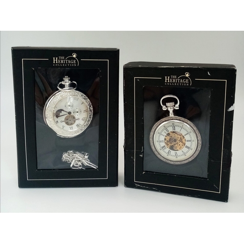944 - 2 X MANUAL WIND HALF HUNTER POCKET WATCHES HERITAGE COLLECTION ATLAS EDITION 1 WITH SKELETON DIAL AN... 