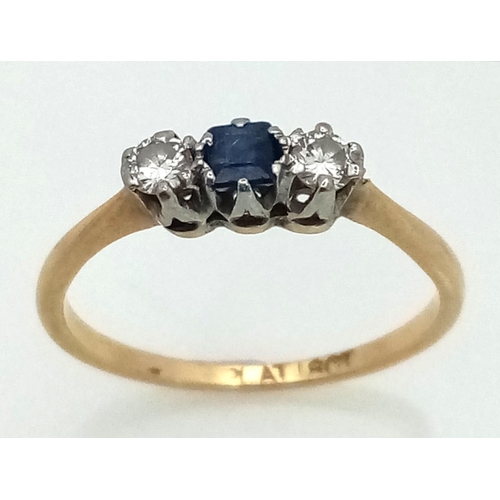 123 - 18K YELLOW GOLD DIAMOND & SAPPHIRE 3 STONE RING. 
 TOTAL WEIGHT 1.96G.  SIZE M 1/2