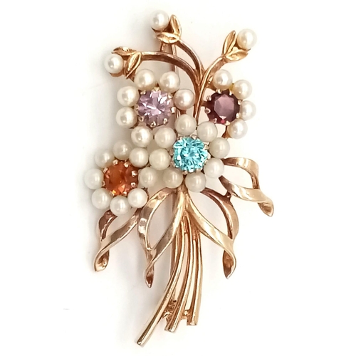 15 - 9k yellow gold floral brooch set with pearls, garnet, amethyst, citrine and topaz, in original case,... 