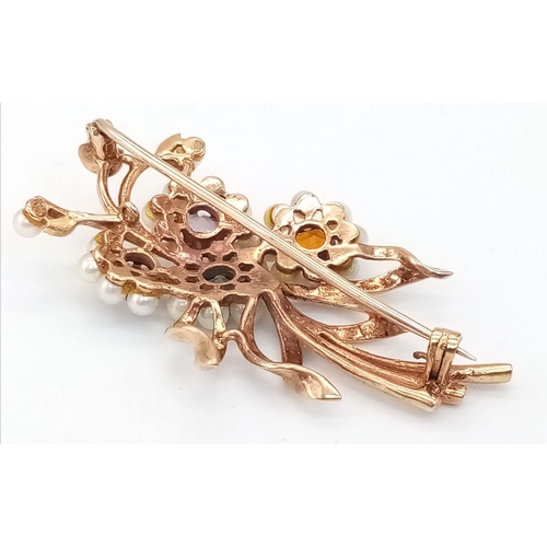 15 - 9k yellow gold floral brooch set with pearls, garnet, amethyst, citrine and topaz, in original case,... 