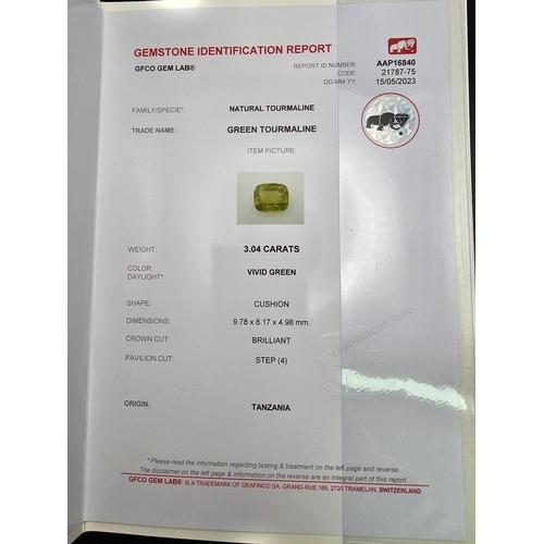 367 - A 3.04ct Rare Green Tanzanian Tourmaline Gemstone. GFCO of Switzerland Certified.