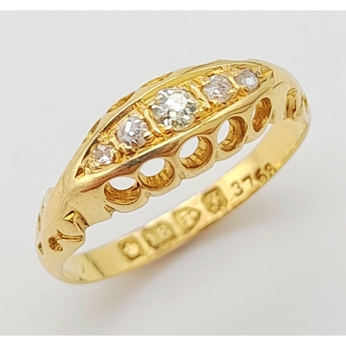 383 - 18K YELLOW GOLD EDWARD VII ANTIQUE DIAMOND RING, HALLMARKED CHESTER 1906. TOTAL WEIGHT 1.7G. SIZE G