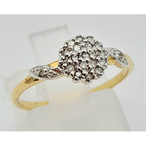 764 - 9K YELLOW GOLD DIAMOND CLUSTER RING. 0.15CT DIAMOND. TOTAL WEIGHT 1.3G. SIZE L