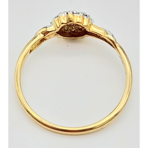 764 - 9K YELLOW GOLD DIAMOND CLUSTER RING. 0.15CT DIAMOND. TOTAL WEIGHT 1.3G. SIZE L