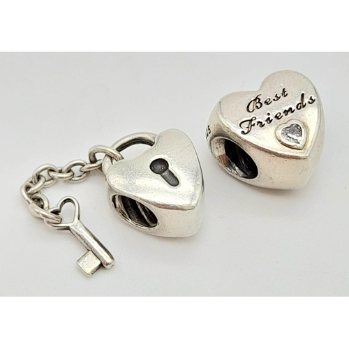 951 - 2 X PANDORA STERLING SILVER CHARMS BEST FRIENDS & LOCK AND KEY.  6.4G