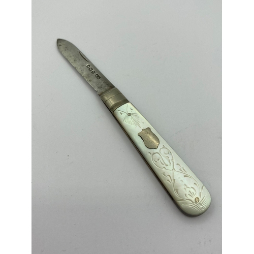 420 - Antique SILVER BLADED FRUIT KNIFE with mother of pearl handle. Clear hallmark for William Needham, S... 