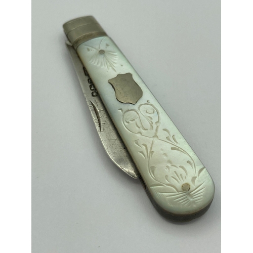 420 - Antique SILVER BLADED FRUIT KNIFE with mother of pearl handle. Clear hallmark for William Needham, S... 
