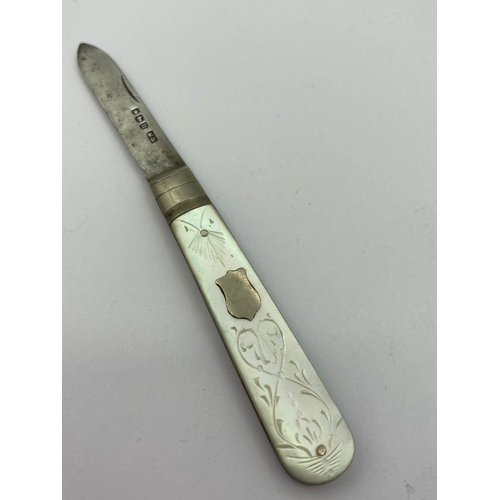 420 - Antique SILVER BLADED FRUIT KNIFE with mother of pearl handle. Clear hallmark for William Needham, S... 