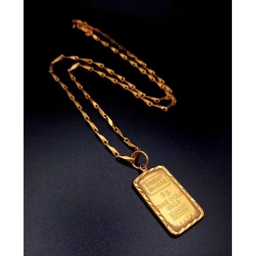 1614 - A 5g Fine Gold (.999.99) Ingot Pendant, Cased in 14K Gold on a 22K Gold Necklace. Breakdown: 5g .999... 