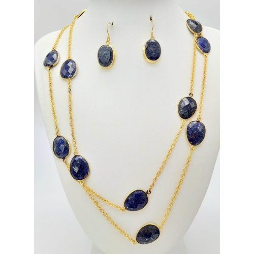 465 - A Lapis Lazuli Chain Link Gilded Necklace with a Pair of Lapis Earrings set in Gilded 925 Silver. 10... 