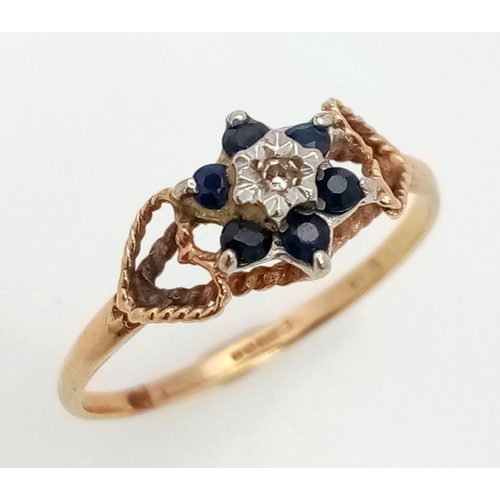 610 - 9K YELLOW GOLD DIAMOND & SAPPHIRE RING TOTAL WEIGHT 1.16G. SIZE N