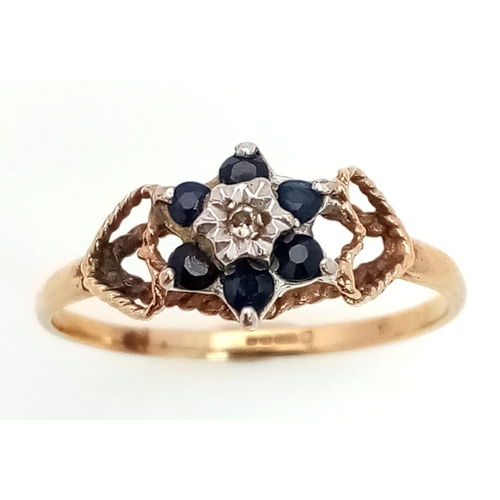 610 - 9K YELLOW GOLD DIAMOND & SAPPHIRE RING TOTAL WEIGHT 1.16G. SIZE N