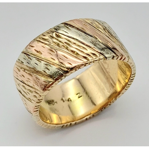 9 - A 9K Tri-Colour Gold Band Ring. Diagonal waves of yellow, white and rose gold. Size Q. 10.21g