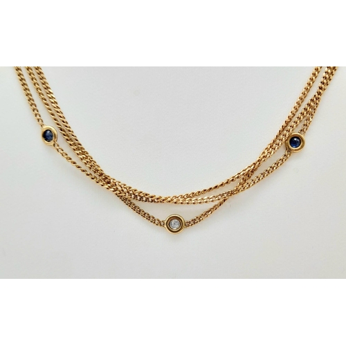 200 - 9k yellow gold triple row collar necklace set with diamond and sapphires (dia:0.05ct/sapp:0.10ct) 16... 