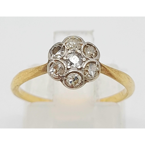 369 - 18K YELLOW GOLD VINTAGE OLD CUT DIAMOND CLUSTER RING. 0.25CT DIAMOND. TOTAL WEIGHT 1.4G. SIZE J