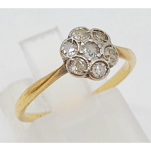 369 - 18K YELLOW GOLD VINTAGE OLD CUT DIAMOND CLUSTER RING. 0.25CT DIAMOND. TOTAL WEIGHT 1.4G. SIZE J