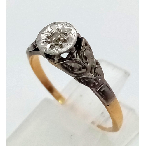 37 - A Vintage 18K Yellow Gold and Platinum Diamond Solitaire Ring. Size N. 2.6g total weight.