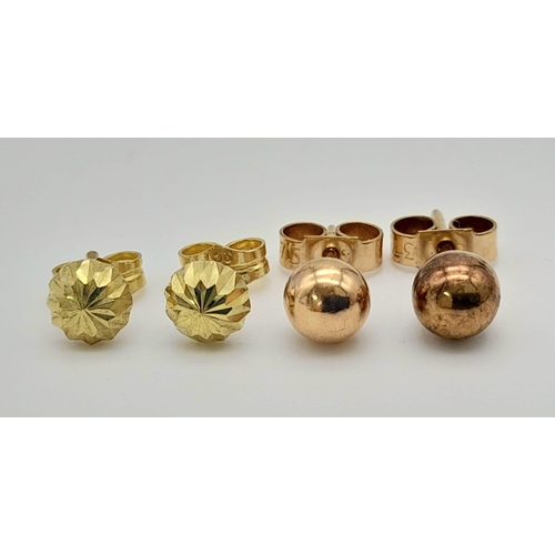 606 - Two Pairs of 9K Gold (yellow and rose) Stud Earrings. 1.05g total weight.