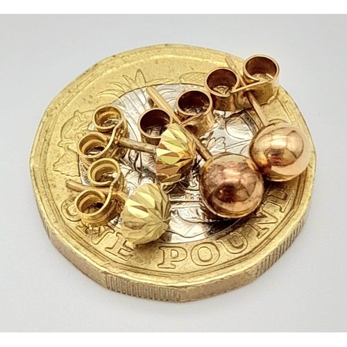 606 - Two Pairs of 9K Gold (yellow and rose) Stud Earrings. 1.05g total weight.