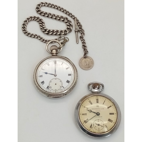 729 - Two Antique Pocket Watches. A 925 Silver with Albert Chain and an Ingersoll with sub dial. Both in n... 