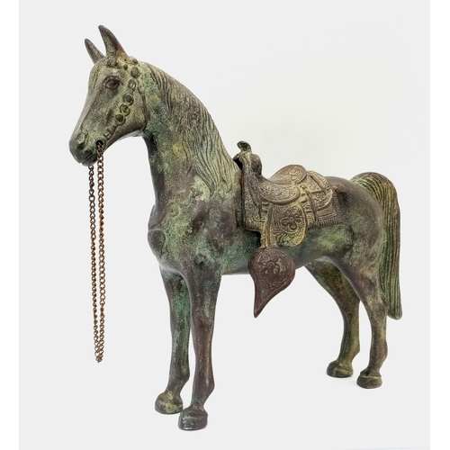 763 - A Vintage Bronze Horse Sculpture with Removable Saddle. Nice patina. 25cm tall by 28cm width.