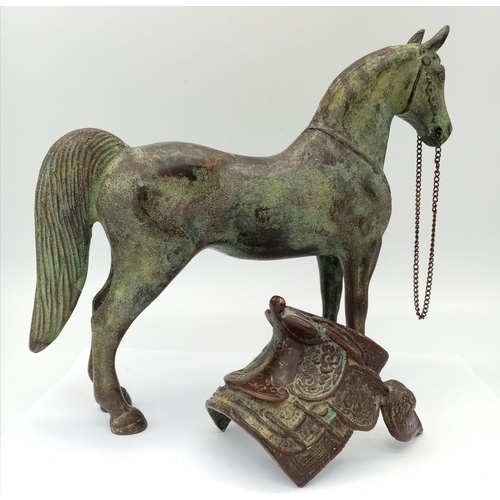 763 - A Vintage Bronze Horse Sculpture with Removable Saddle. Nice patina. 25cm tall by 28cm width.