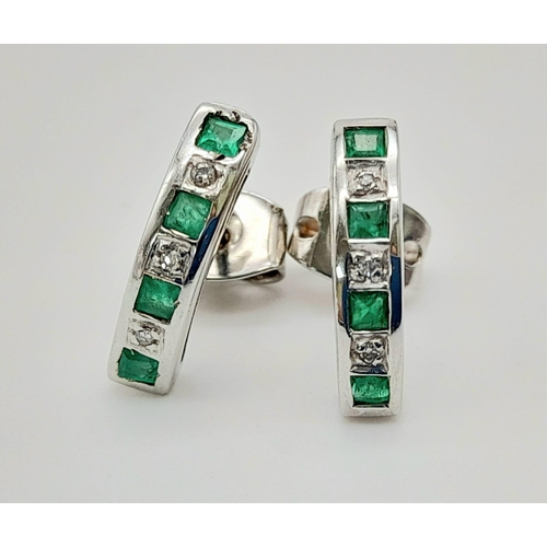 605 - A Pair of 9k White Gold Diamond Emerald Earrings. Total Weight 1.32g    8572