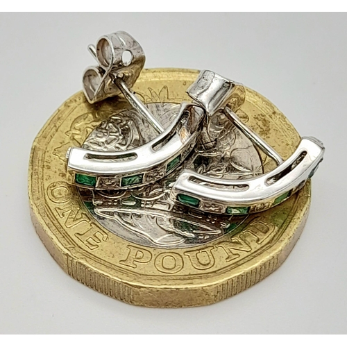 605 - A Pair of 9k White Gold Diamond Emerald Earrings. Total Weight 1.32g    8572