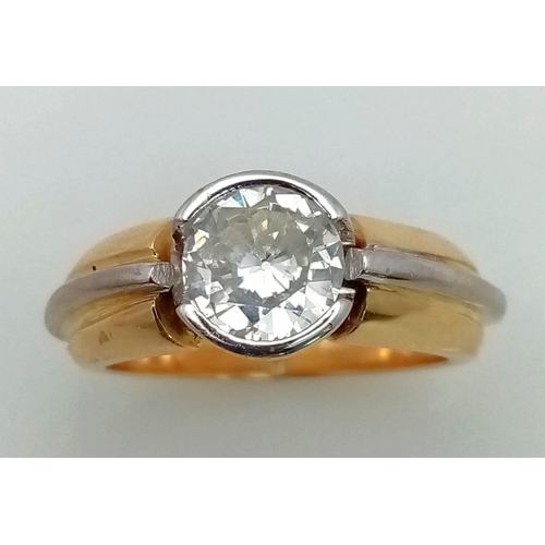 756 - A DESIGNER 1.75ct DIAMOND SOLITAIRE RING IN WHITE AND YELLOW GOLD .  8.2gms    size L