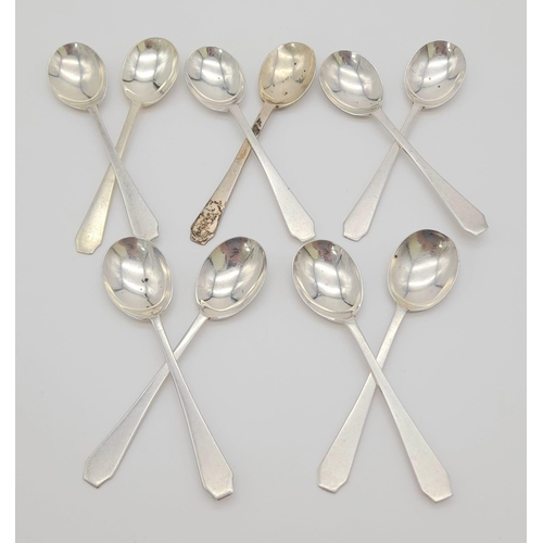 474 - A Set of 10 Antique Sterling Silver Condiment Spoons. 66.4g total weight. Makers mark of Josiah Will... 