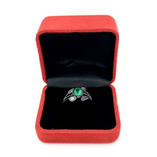 636 - A Vintage Style Emerald Ring with Diamond Accents. Set in 925 Silver. Emerald weight approx 1.5ct. S... 