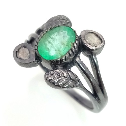 636 - A Vintage Style Emerald Ring with Diamond Accents. Set in 925 Silver. Emerald weight approx 1.5ct. S... 