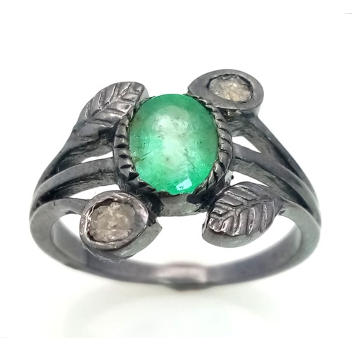 636 - A Vintage Style Emerald Ring with Diamond Accents. Set in 925 Silver. Emerald weight approx 1.5ct. S... 