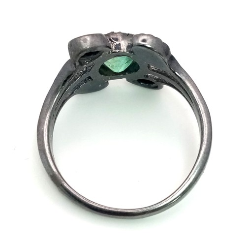636 - A Vintage Style Emerald Ring with Diamond Accents. Set in 925 Silver. Emerald weight approx 1.5ct. S... 