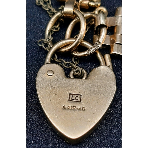 15 - A Vintage 9K Yellow Gold Gate Bracelet with Heart Clasp. 18cm. 13.3g