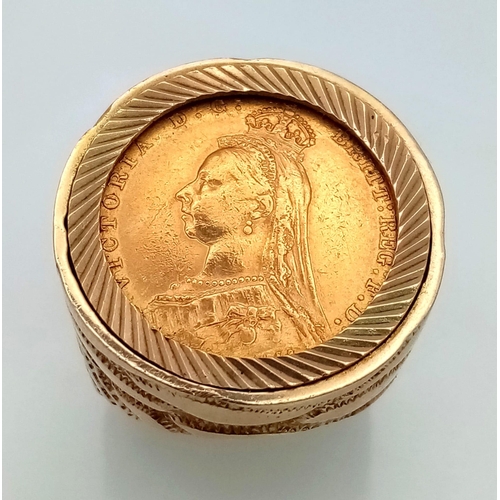 2 - A 22K Gold 1891 Queen Victoria Full Sovereign Ring. This antique coin is set in a heavy 9k yellow go... 
