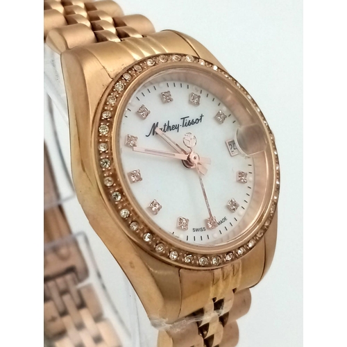 1226 - A Gold Plated Mathey-Tissot Quartz Ladies Watch. Case - 26mm. White dial with white stone decoartion... 