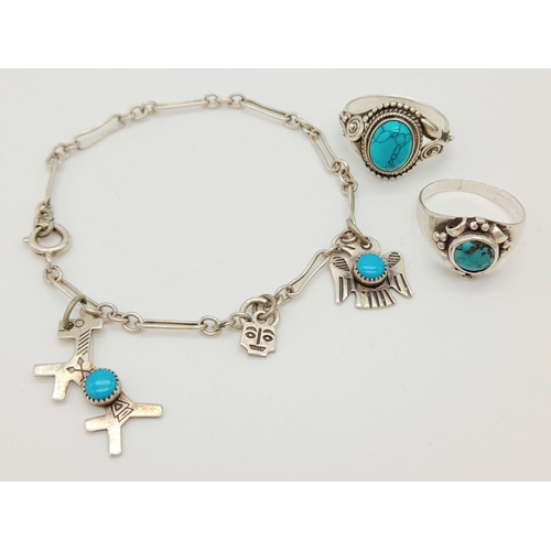 1320 - Two 925 Silver Rings and Bracelet with Turquoise Stones. 
Rings size K and M.