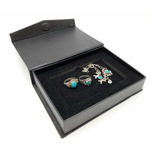 1320 - Two 925 Silver Rings and Bracelet with Turquoise Stones. 
Rings size K and M.