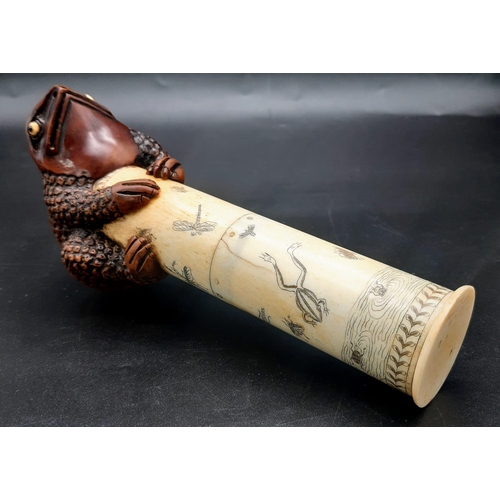 120 - A Rare and Extraordinary Antique 19th Century Japanese Rootwood Warty Toad Scrimshaw Scroll Holder. ... 