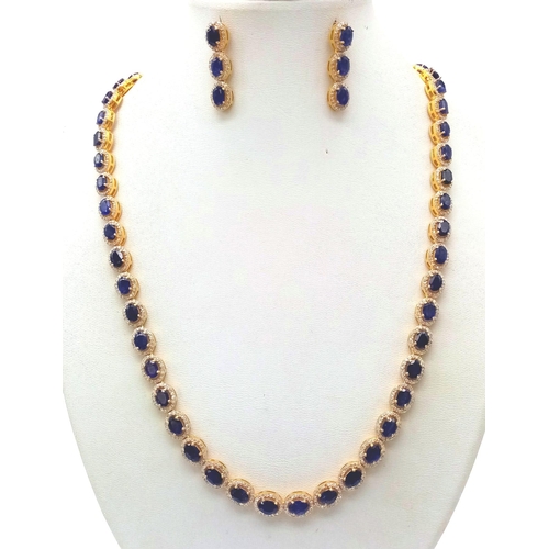 122 - A Captivating Blue Sapphire and Diamond Necklace with Matching Earrings - set in Gold Plated 925 Sil... 