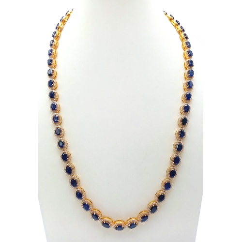 122 - A Captivating Blue Sapphire and Diamond Necklace with Matching Earrings - set in Gold Plated 925 Sil... 